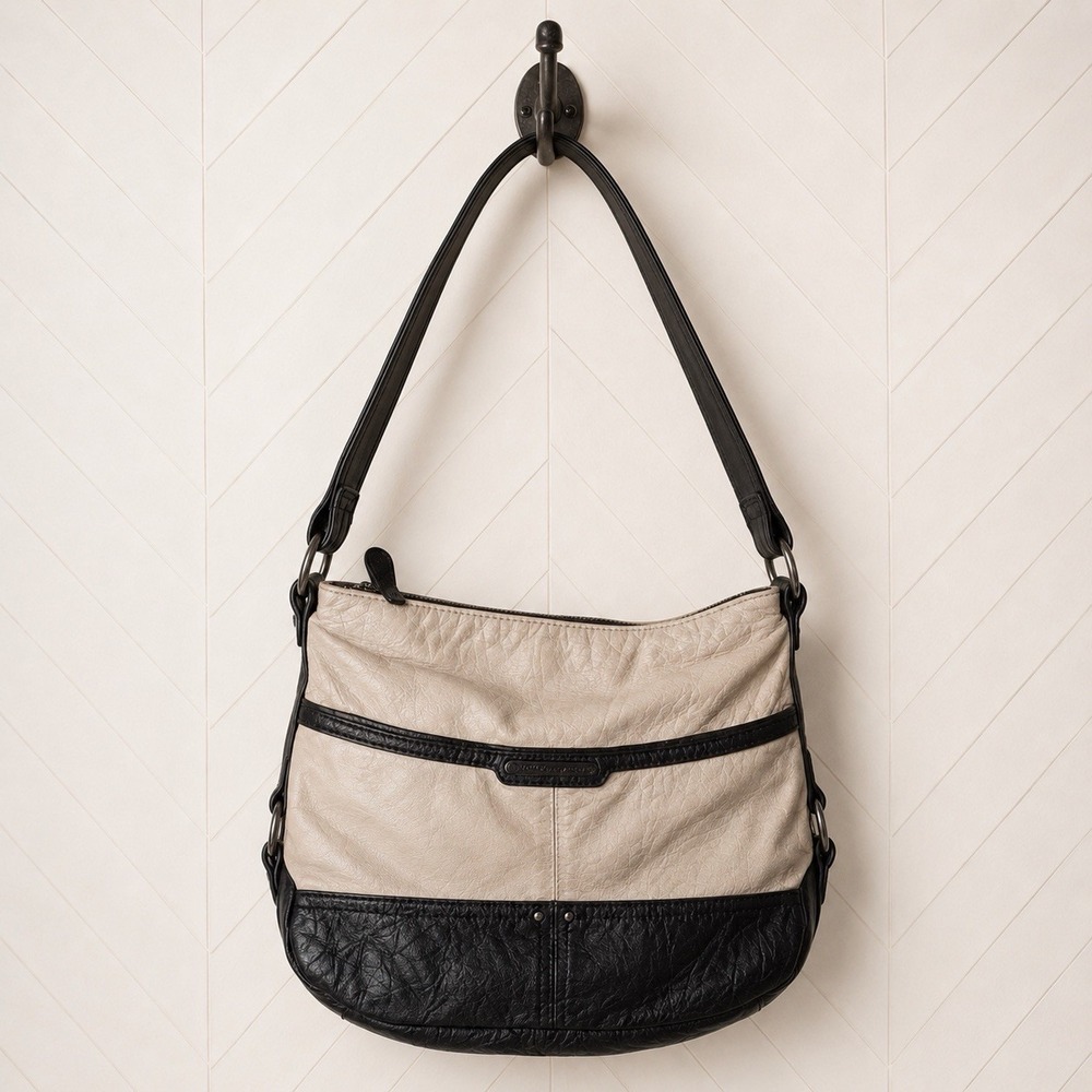 Stone Mountain USA Leather Colorblock Shoulder Bag Cream Black Hobo Medium EUC